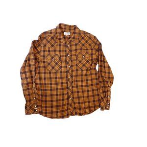 Tecovas Shirt Mens L Plaid Flannel Western Snap Chest Pockets Brown Orange